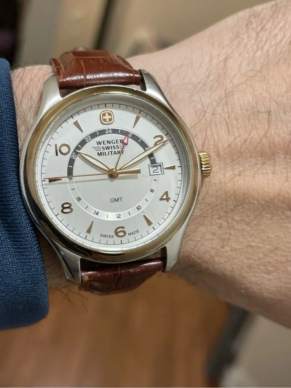 Wegner Swiss Military GMT Watch Men 42mm Silver Dial Two Tone Date 79306C Swiss